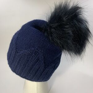 NWOT Villagehouse Chunky Knit Navy Blue Faux Fur Pom Pom Fleece Lined Hat Poland